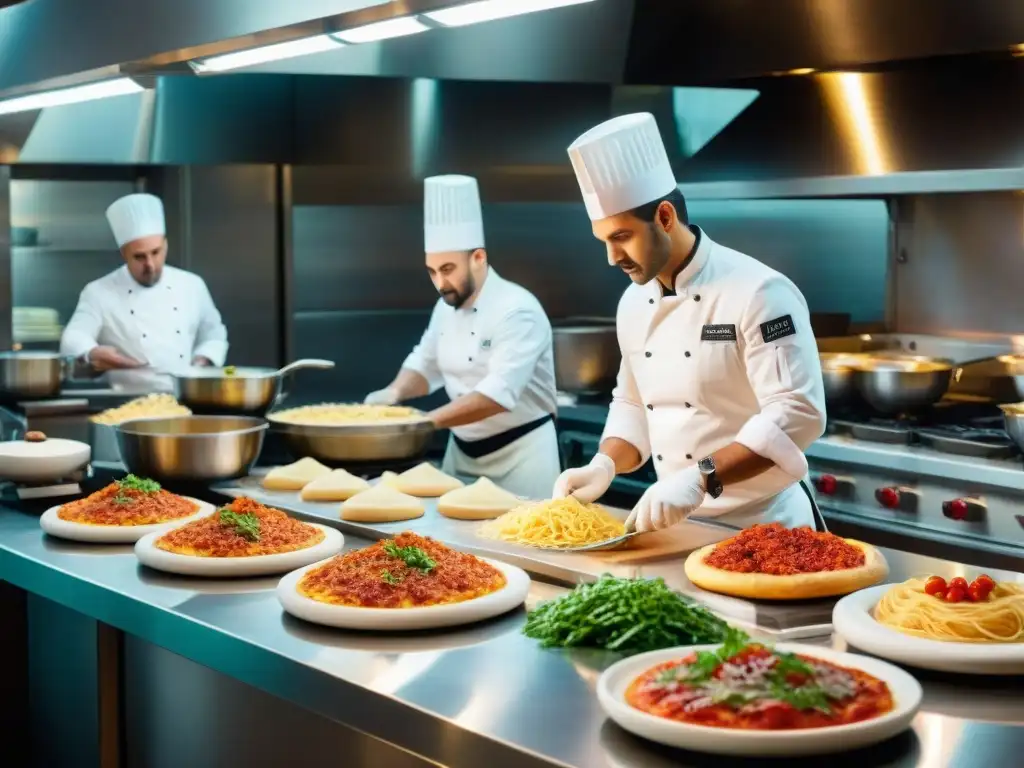 Un bullicioso restaurante italiano moderno con chefs preparando platos tradicionales