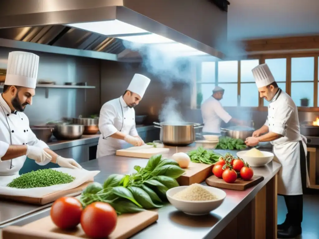 Un bullicioso salón culinario de una auténtica escuela de cocina italiana, con chefs apasionados preparando platos clásicos