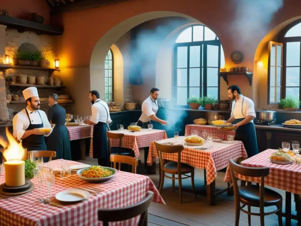 Trattoria italiana: magia culinaria y cine en acción Un bullicioso set de cine en Italia con una escena de trattoria tradicional, chefs preparando platos italianos y actores en trajes de época