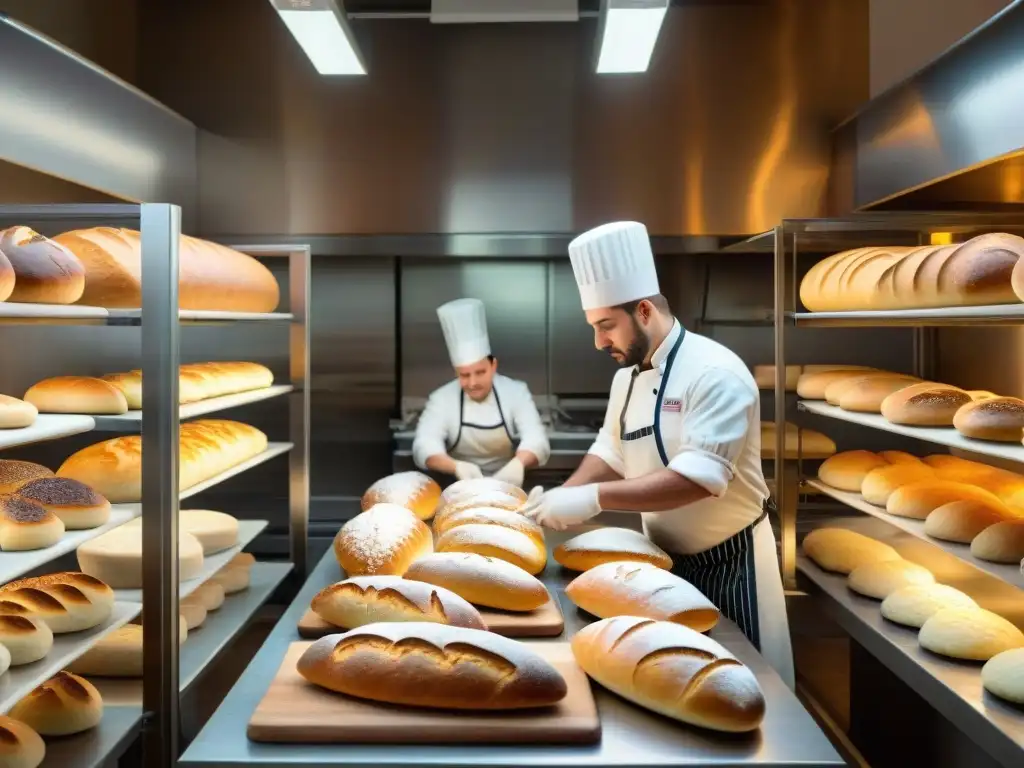 Un bullicioso taller de panadería italiana con expertos horneadores creando pan y pasteles