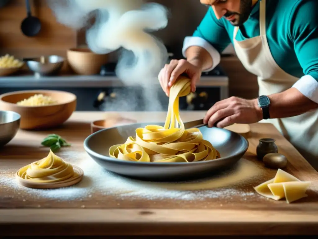 Un bullicioso y vibrante escenario en una cocina italiana, donde chefs expertos crean pasta fresca con técnicas del sur