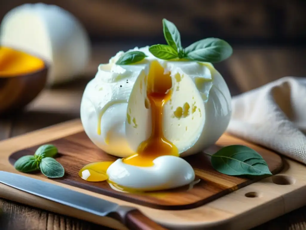 Burrata auténtica para disfrutar: bola de burrata recién cortada, cremosa y fresca, sobre tabla de madera rústica