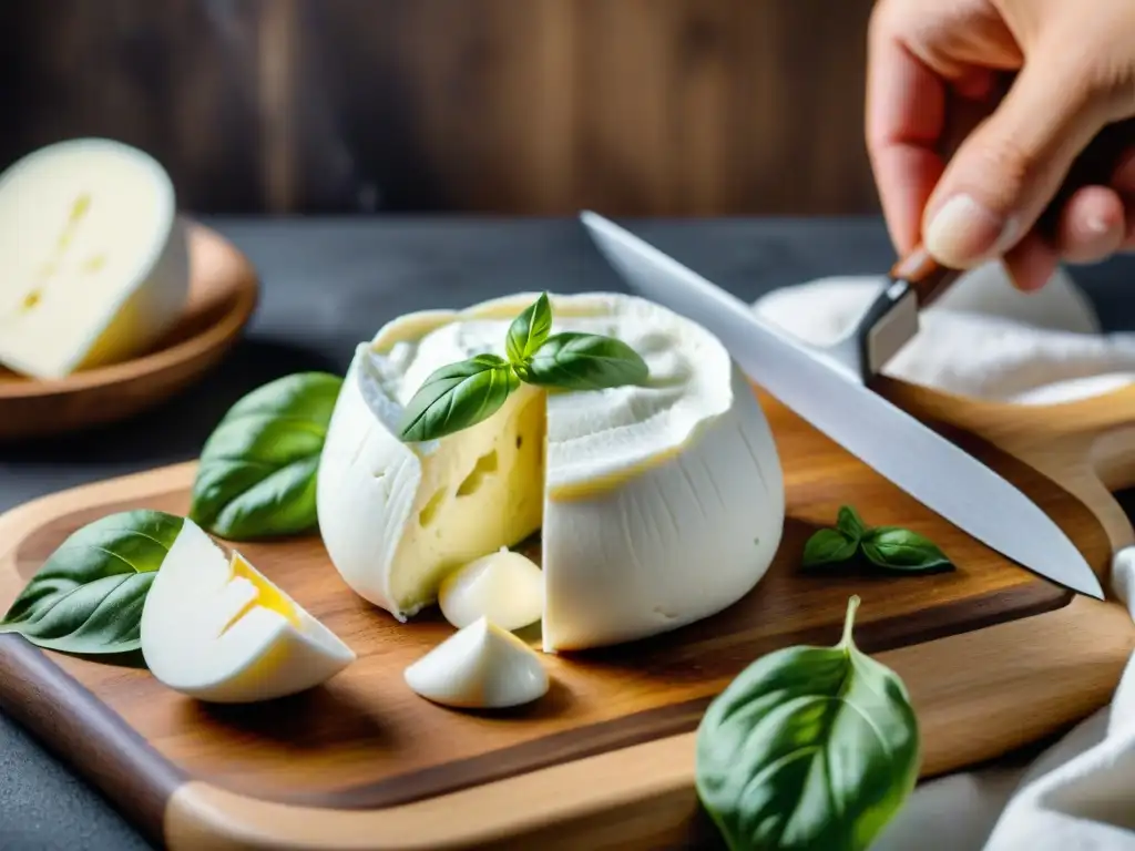 Burrata auténtica para disfrutar: Delicada burrata fresca siendo cortada, revelando su cremoso interior de stracciatella y crema