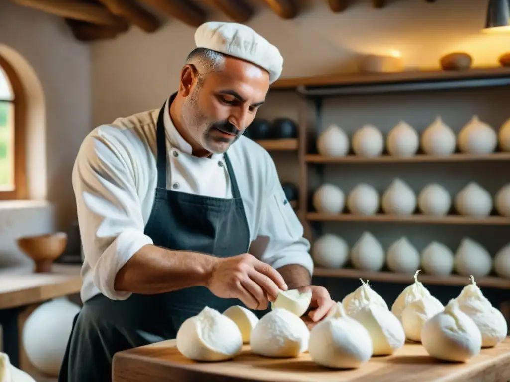 Burrata auténtica para disfrutar: Maestro quesero italiano elabora a mano una burrata cremosa en taller rústico