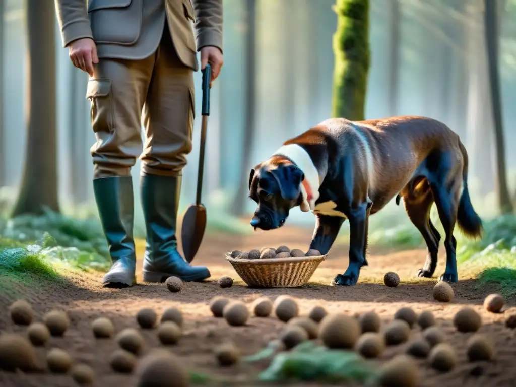 Búsqueda de trufas en Italia: Un cazador y su perro buscan tesoros gourmet en el bosque, creando una atmósfera de equipo y aventura