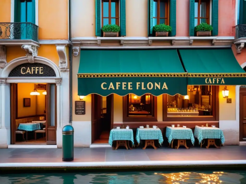 Caffè Florian: Elegancia histórica en Venecia Café histórico en Italia: Caffè Florian en Venecia, elegante exterior con toldos a rayas y bulliciosa terraza al aire libre