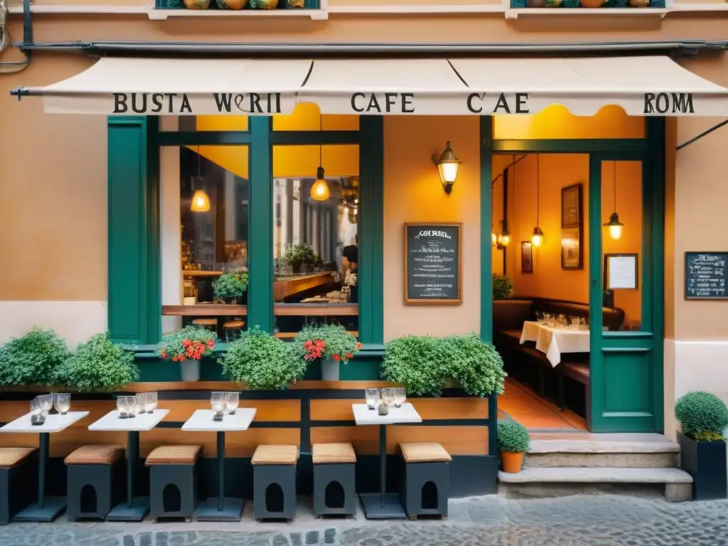 Un café histórico en una encantadora calle empedrada de Roma, con clientes disfrutando de espressos y pasteles