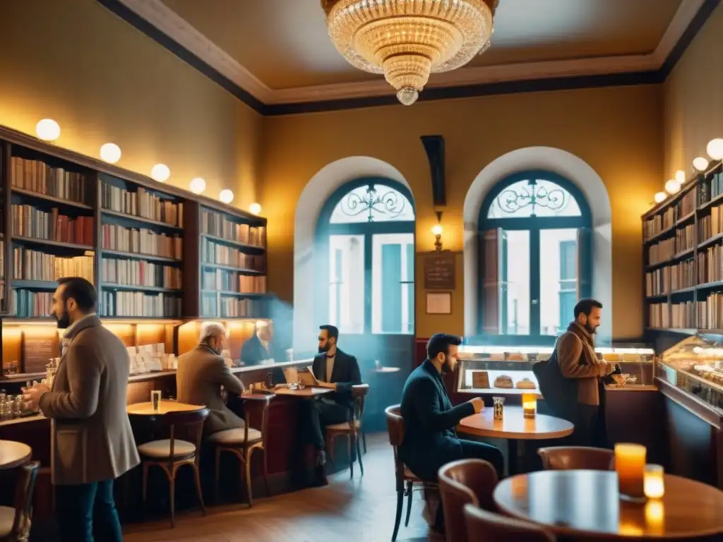 Un café histórico en Italia, frecuentado por escritores italianos, con una decoración vintage y una atmósfera acogedora de inspiración literaria