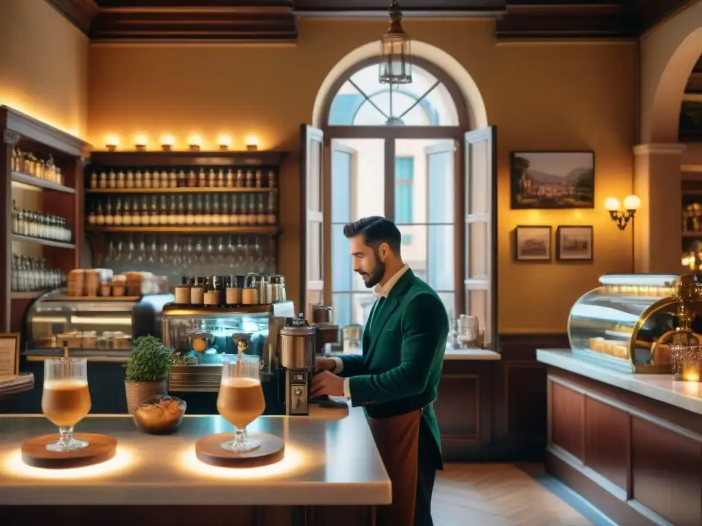 Un café histórico italiano lleno de vida, preservando la cultura con su decoración vintage y ambiente acogedor