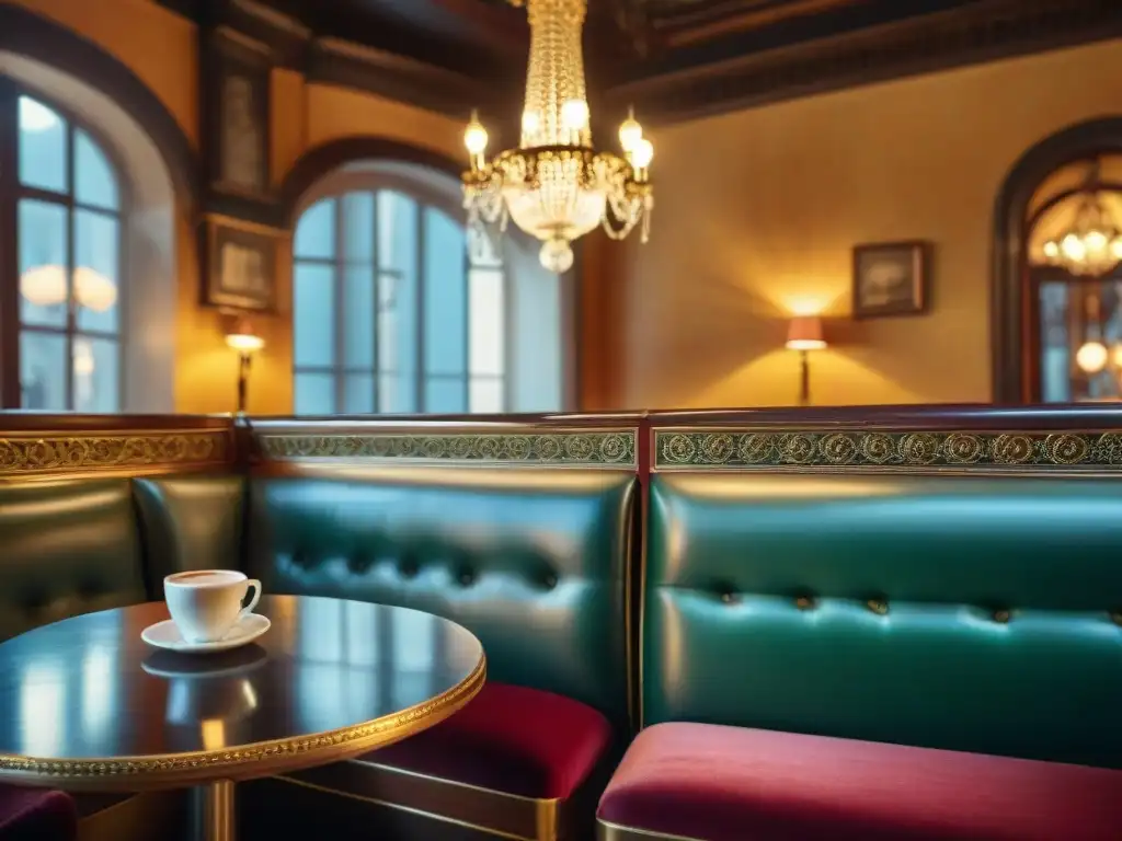 Un café histórico italiano con muebles antiguos, candelabros elegantes y máquinas de café vintage, preservando la cultura italiana