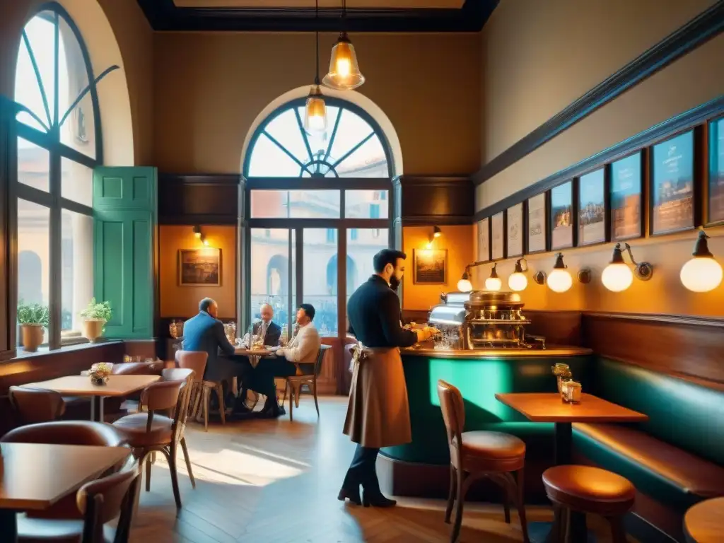 Un café histórico italiano durante el Renacimiento: elegantes conversaciones entre clientes, arte clásico, barista preparando café