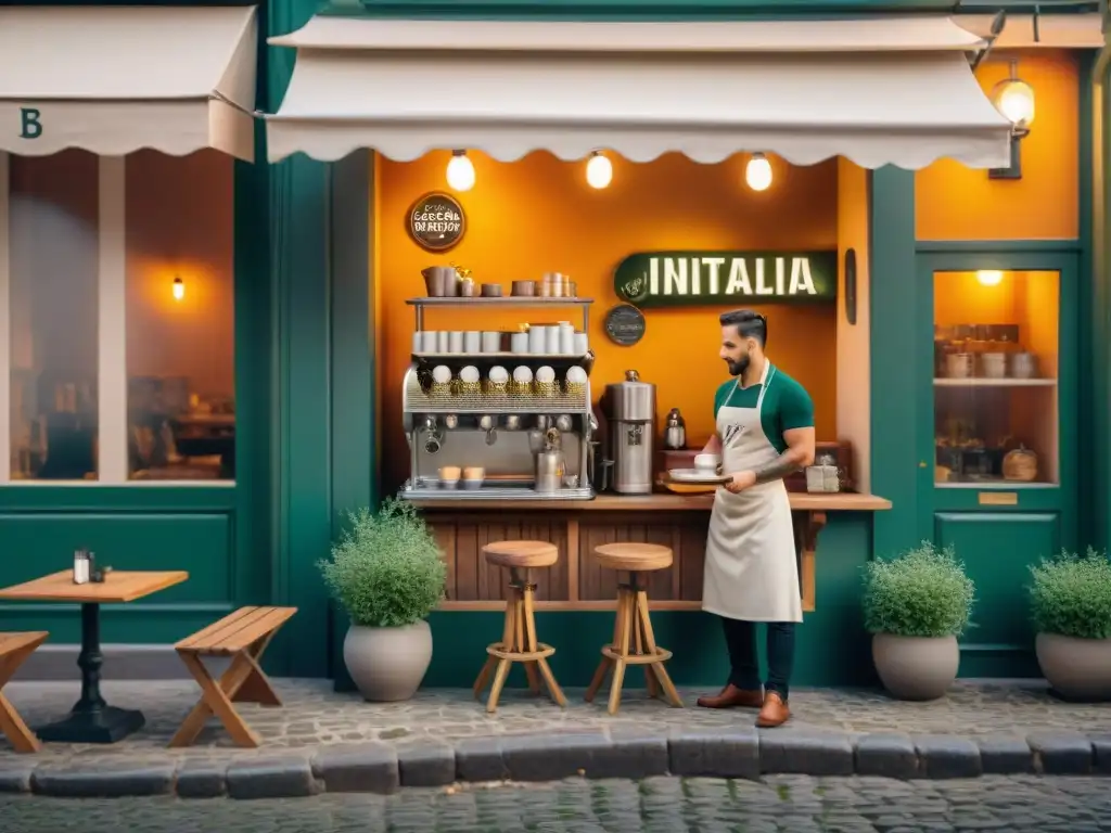 Un café histórico italiano sostenible en una acogedora calle empedrada, lleno de plantas verdes y mobiliario vintage de hierro forjado