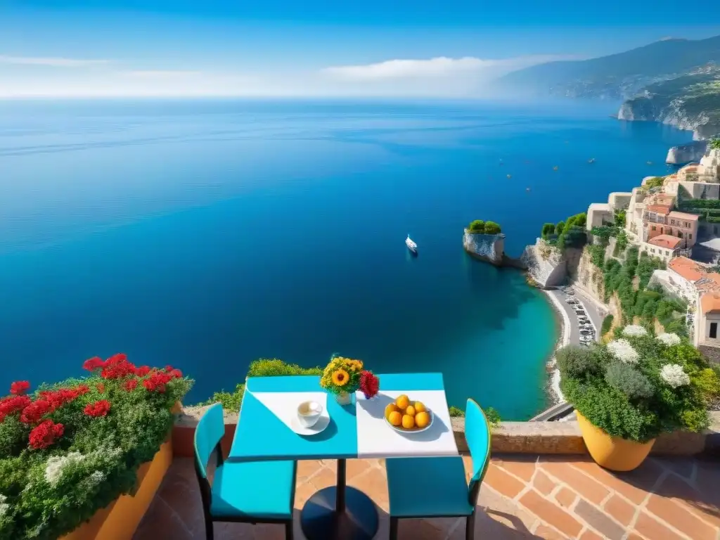 Un café histórico italiano con vistas al mar Mediterráneo, sombrillas coloridas y un encanto de antaño