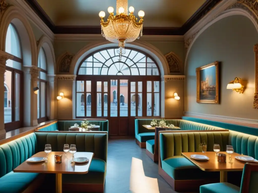 Interior histórico del Café Florian en Venecia: elegancia y opulencia Un café histórico en Italia visita: la opulencia de Café Florian en Venecia, con chandeliers dorados, asientos de terciopelo y mesas de mármol
