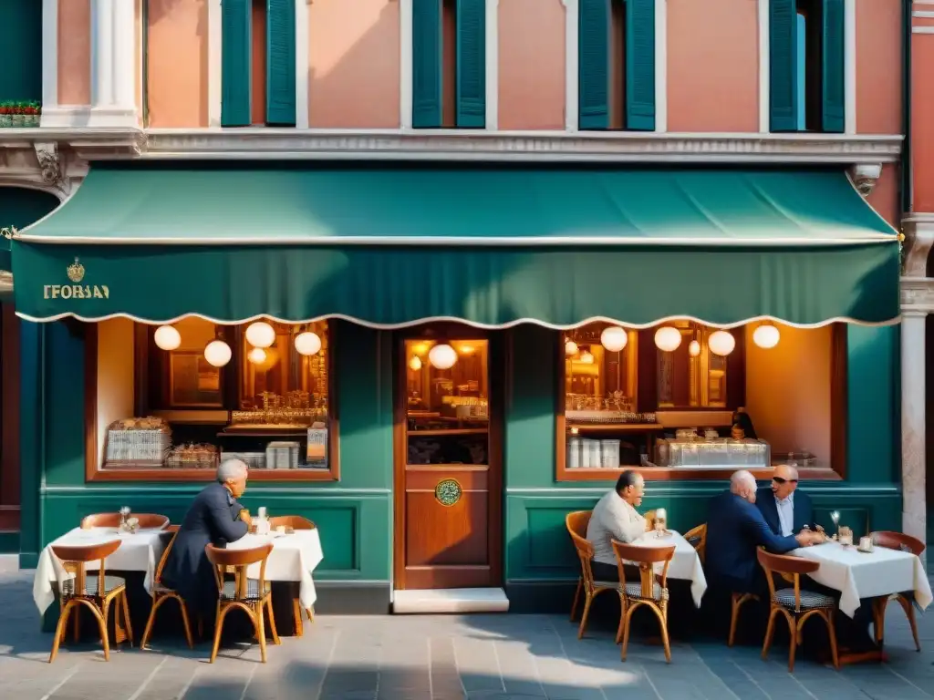 Café histórico en Venecia con vistas a Piazza San Marco y gente disfrutando del café