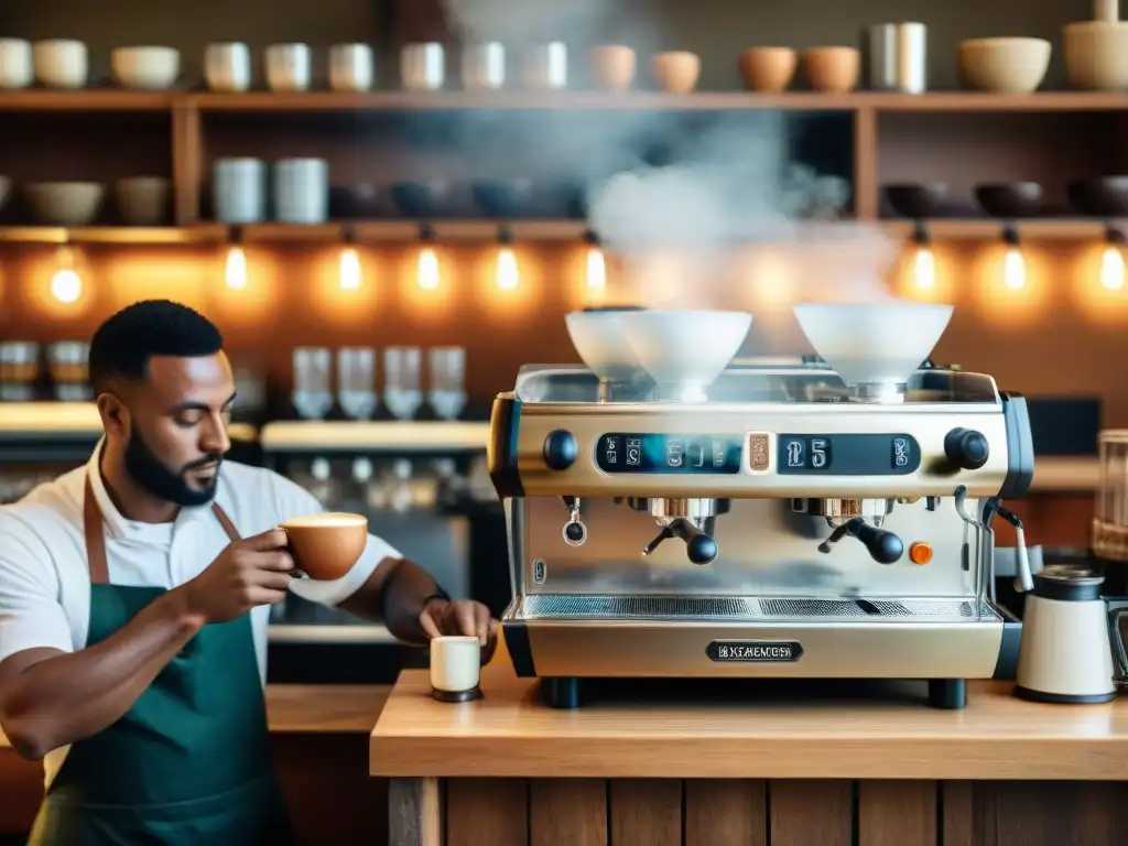 Un café italiano bullicioso donde el barista prepara un espresso tradicional