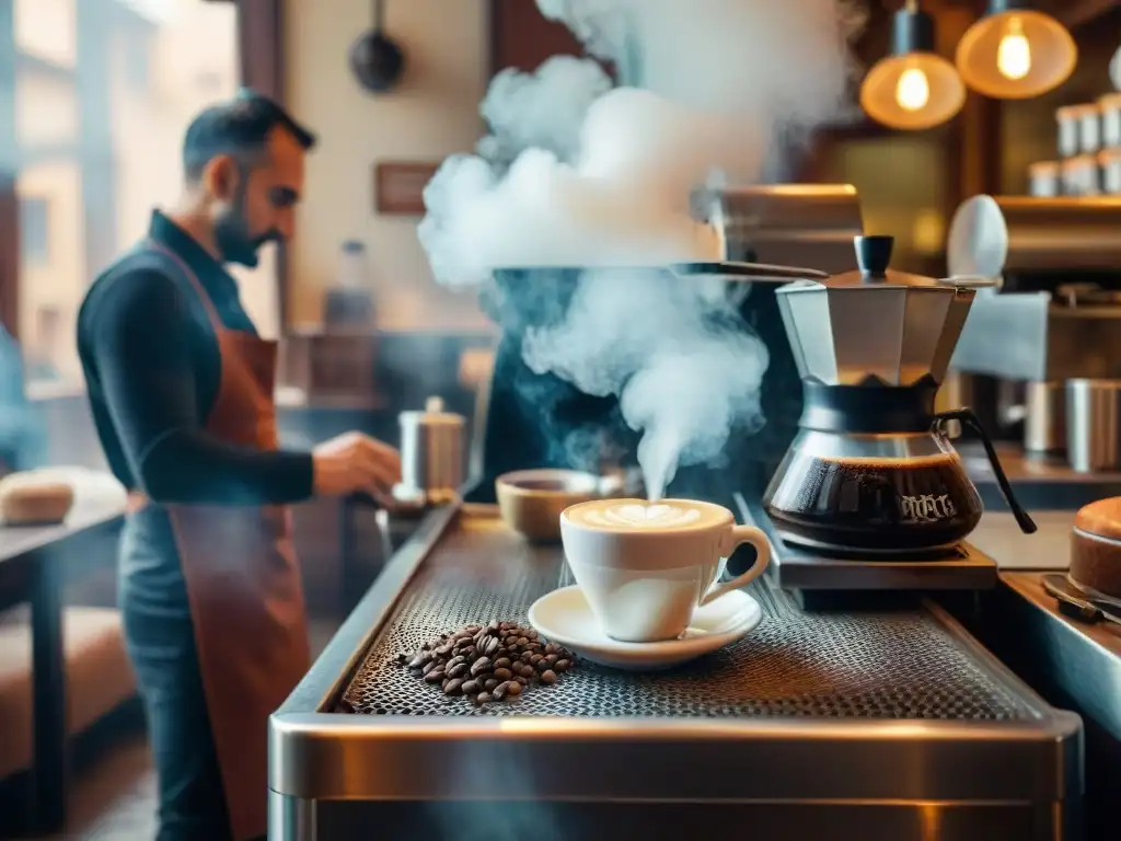 Un café italiano bullicioso al amanecer, con un barista preparando café turco en una estufa