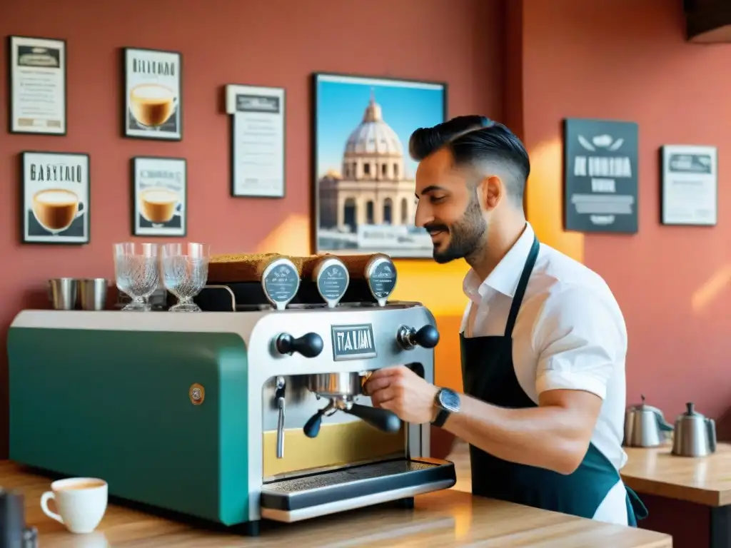 Un café italiano bullicioso en el corazón de Roma, donde un barista experto prepara un espresso tradicional en una máquina vintage