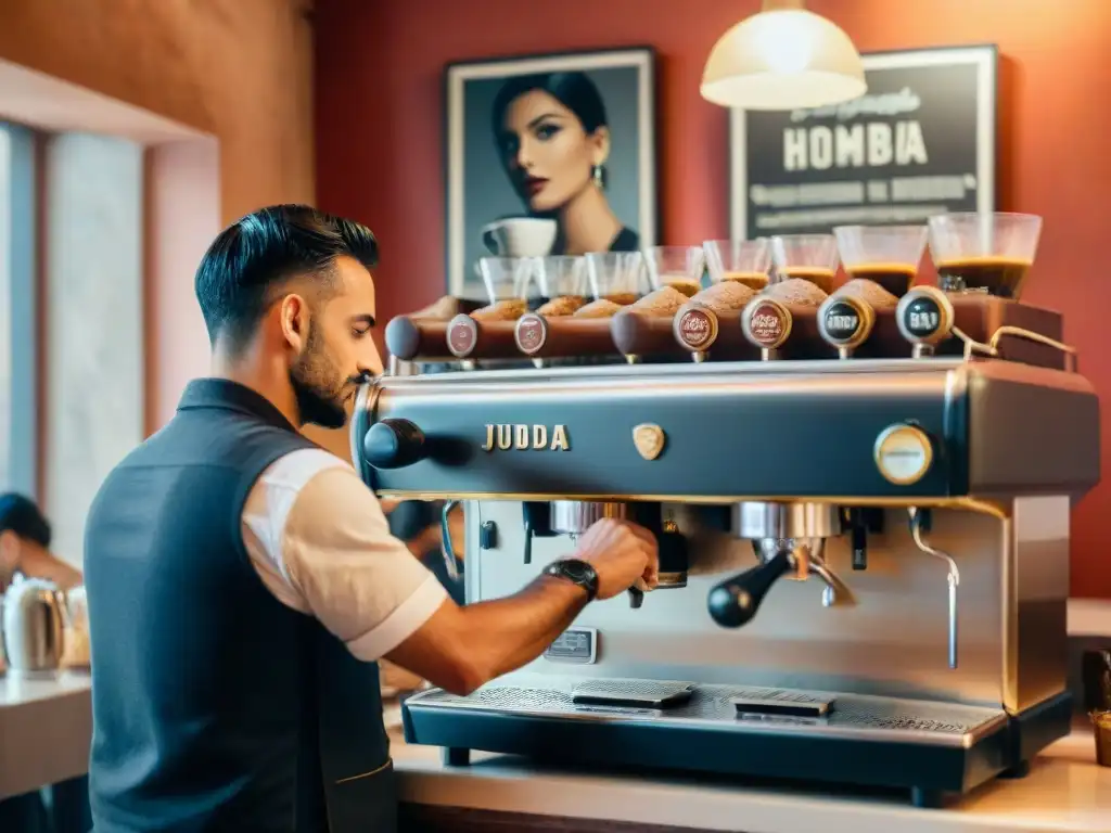 Un café italiano bullicioso en el corazón de Roma, con un barista preparando expertamente un espresso tradicional en una histórica máquina de café