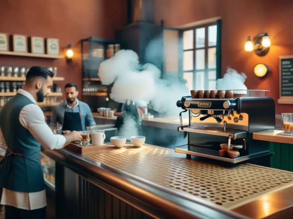 Un café italiano en el corazón de Roma, con barista preparando espresso y clientes disfrutando