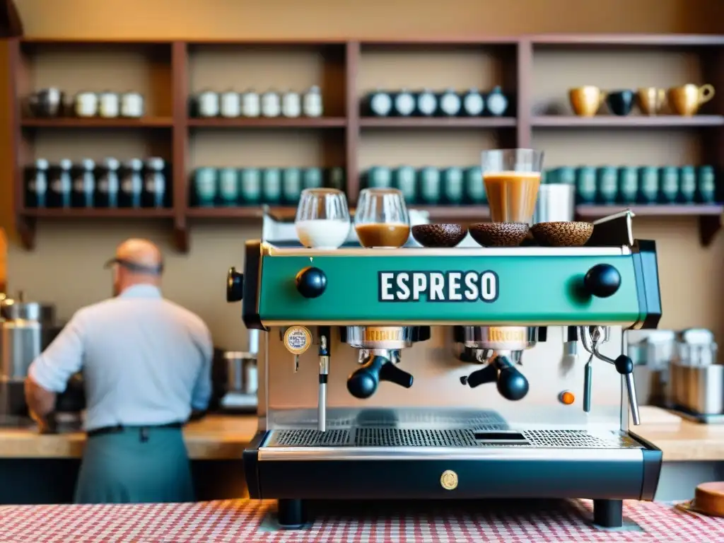 Un café italiano histórico lleno de vida, con barista preparando un espresso perfecto