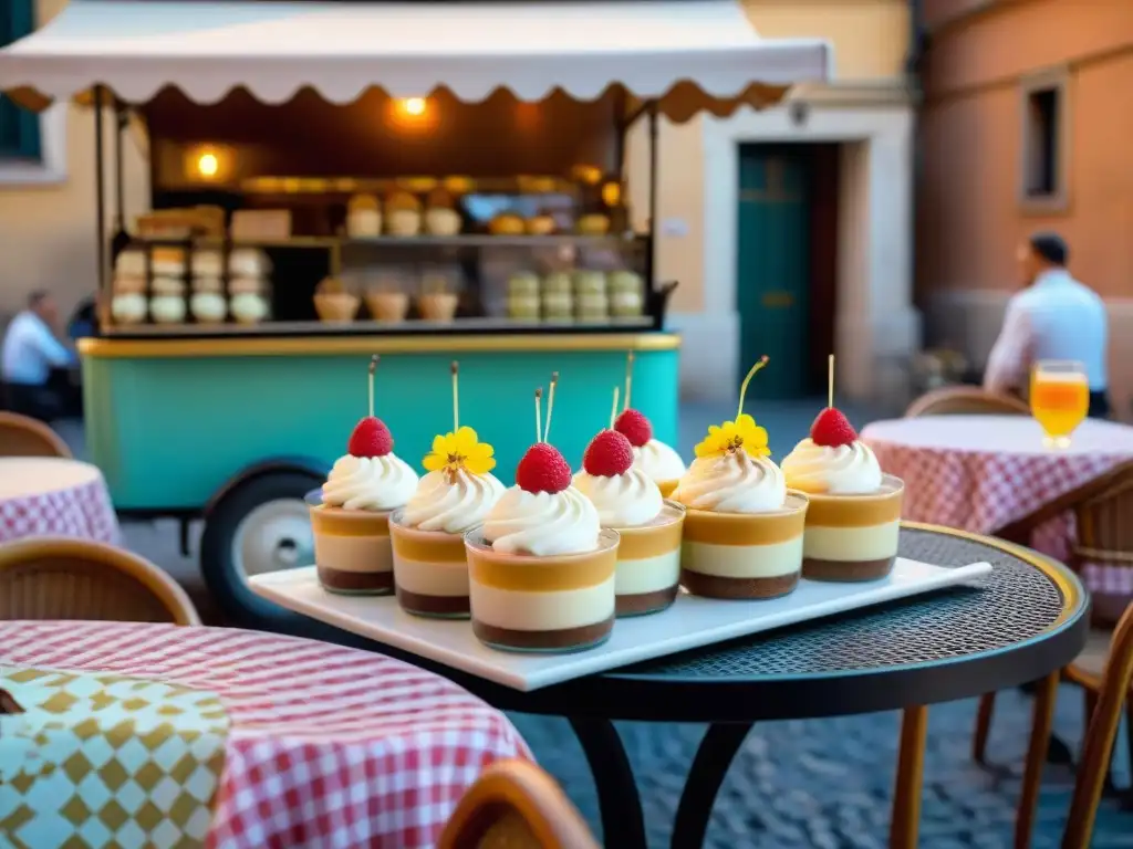 Un café italiano rebosante de vida en Roma, con mesas de hierro y manteles a cuadros, y un carrito de gelato vintage