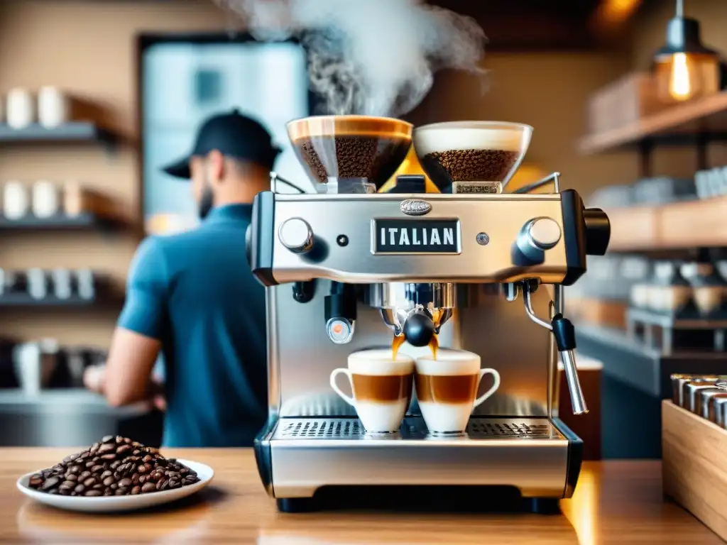 Un café italiano tradicional y moderno, con una atmósfera vibrante donde un barista experto prepara espresso