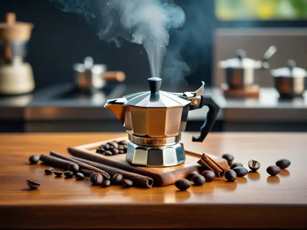 Una cafetera italiana de diseño elegante vertiendo café recién hecho en una taza de espresso en una cocina rústica