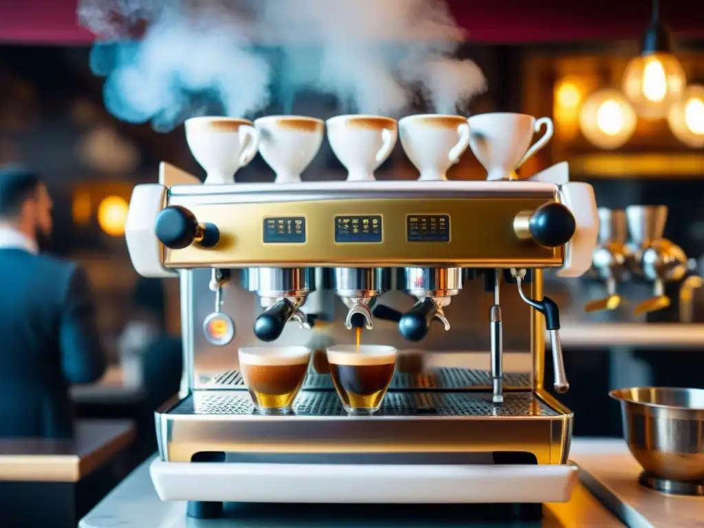 Una cafetería histórica en Italia: una máquina de espresso tradicional brillante bajo cálidas luces, baristas expertos creando espressos perfectos