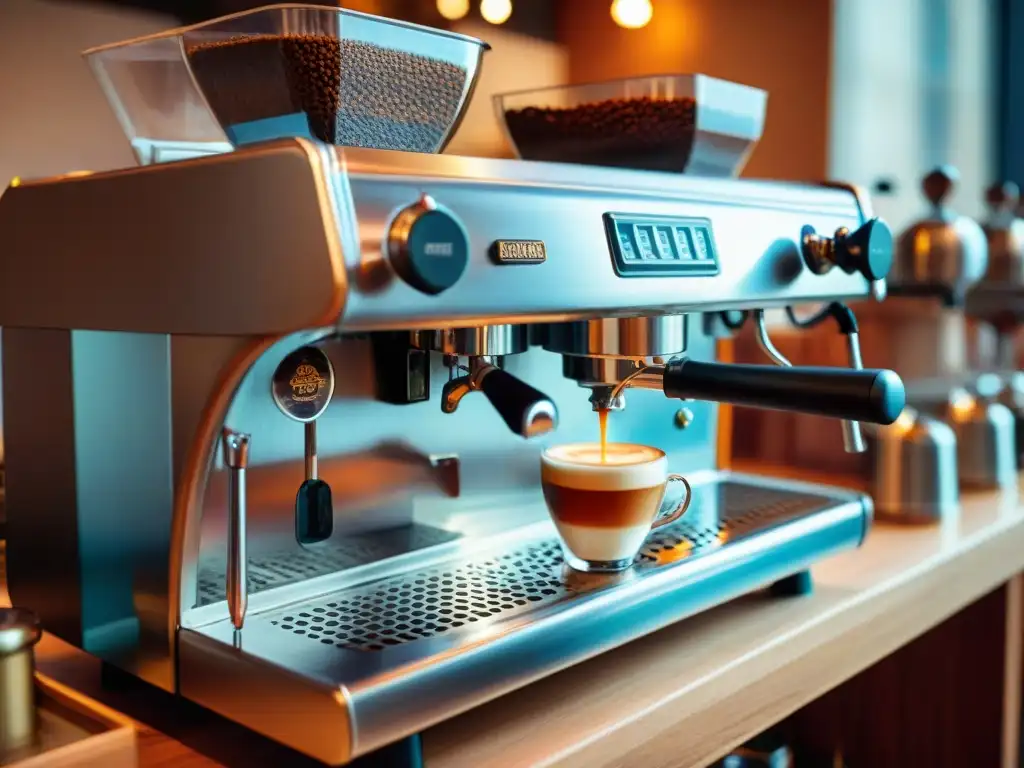 Una cafetería romana acogedora con la mejor máquina de café italiano, barista experto preparando un espresso aromático