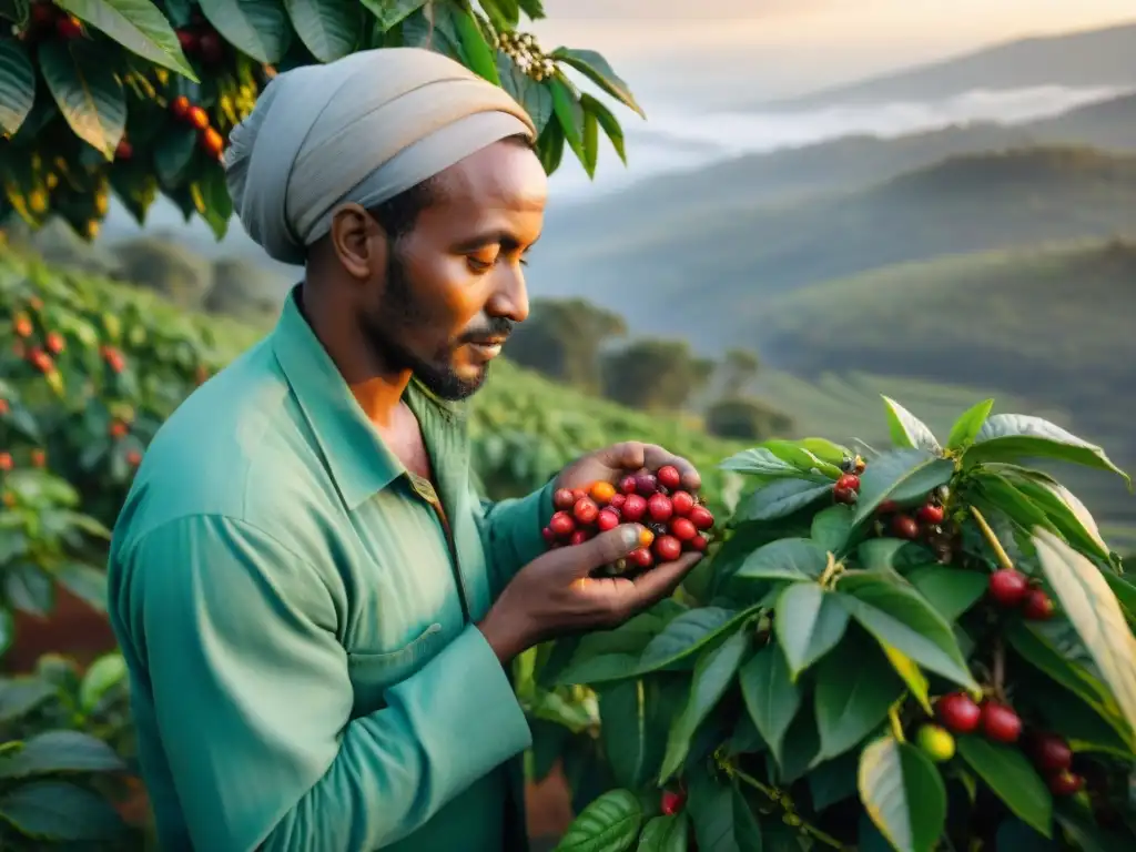 Un caficultor etíope seleccionando cerezas de café al amanecer, con neblina sobre plantaciones verdes