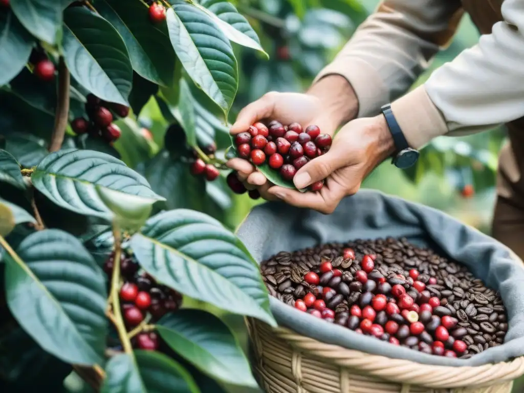 Un caficultor italiano selecciona granos de café bajo el cálido sol en una plantación sostenible de Toscana