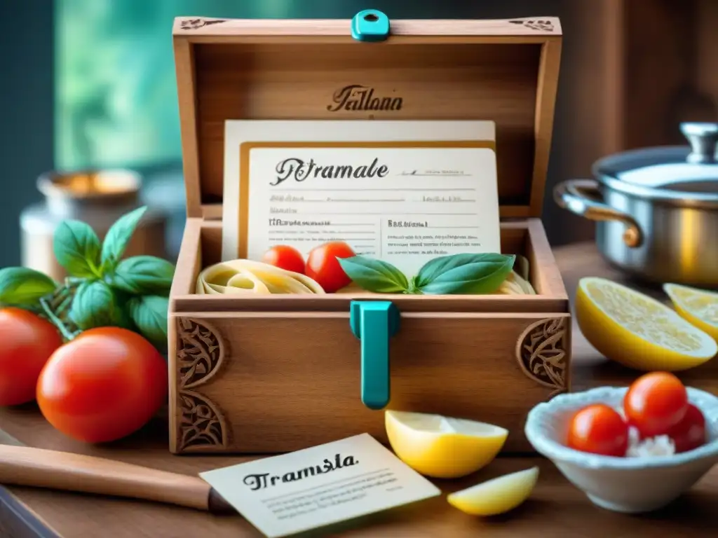 Una caja de recetas de madera artesanal llena de tarjetas con recetas italianas tradicionales, evocando calidez y autenticidad