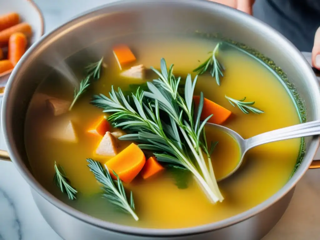 Un caldero de brodo italiano tradicional, lleno de ingredientes frescos y vibrantes en ebullición