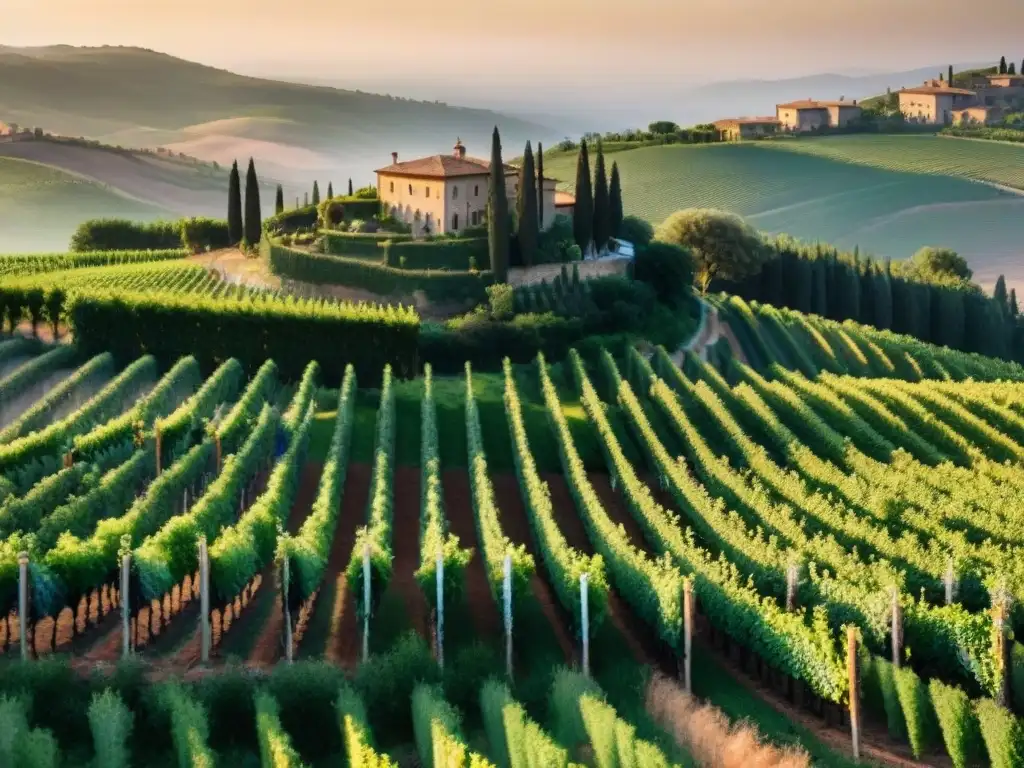 La cálida luz del atardecer baña un viñedo en Toscana, Italia, con filas de uvas verdes y una villa histórica entre colinas