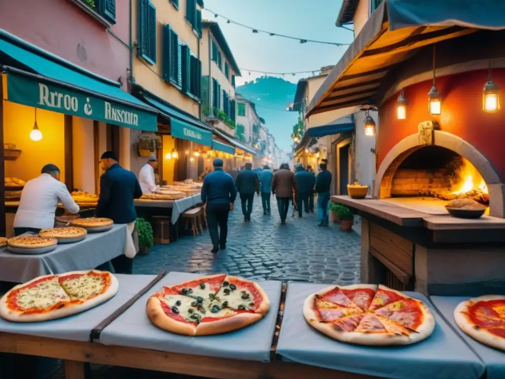 Una calle animada en Nápoles, Italia, al anochecer, con banderas italianas ondeando sobre caminos de adoquines