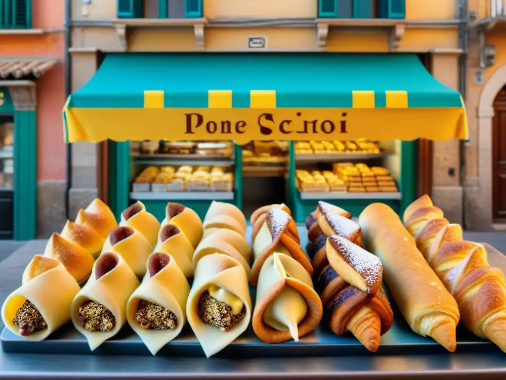 Una calle bulliciosa en Sicilia con pastelerías tradicionales exhibiendo cannoli siciliano receta tradicional, bajo el cálido sol mediterráneo