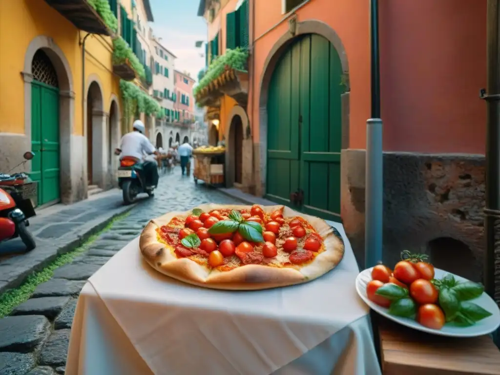 Una calle bulliciosa del siglo XVIII en Nápoles, donde la historia de la pizza Margarita cobra vida con vendedores de tomates, albahaca y mozzarella