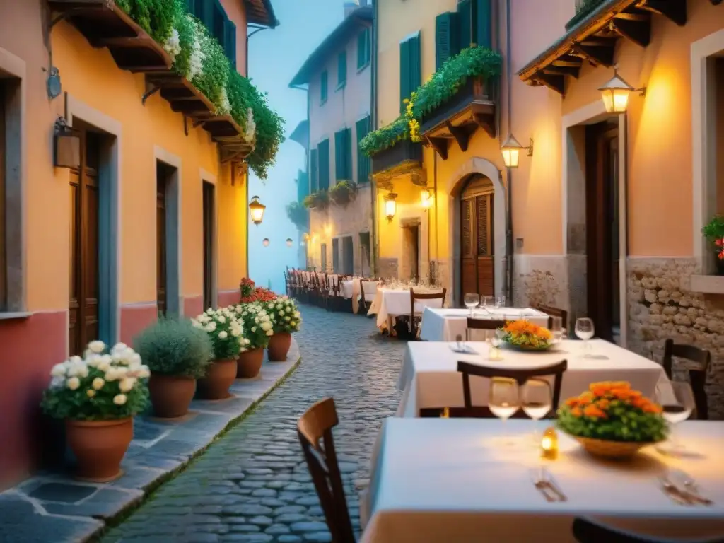 Una calle empedrada encantadora en Italia con restaurantes tradicionales italianos iluminados, creando una atmósfera romántica