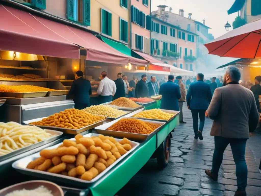 Tentación callejera: calzoni fritti dorados y humeantes en un bullicioso mercado en Campania, Italia