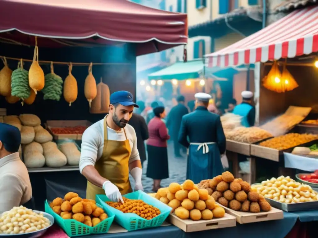 Tentación callejera con calzoni fritti recién fritos en animado mercado de Campania, Italia