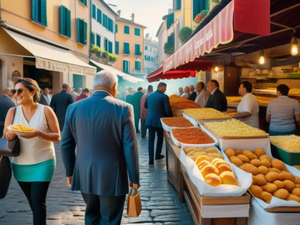 Tentación callejera calzoni fritti: mercado italiano con vendedores y clientes disfrutando de las delicias calientes