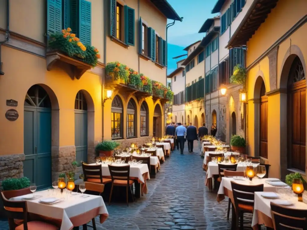 Un callejón empedrado encantador en Florencia, Italia, con trattorias y bares de vinos, aperitivo italiano degustación privada