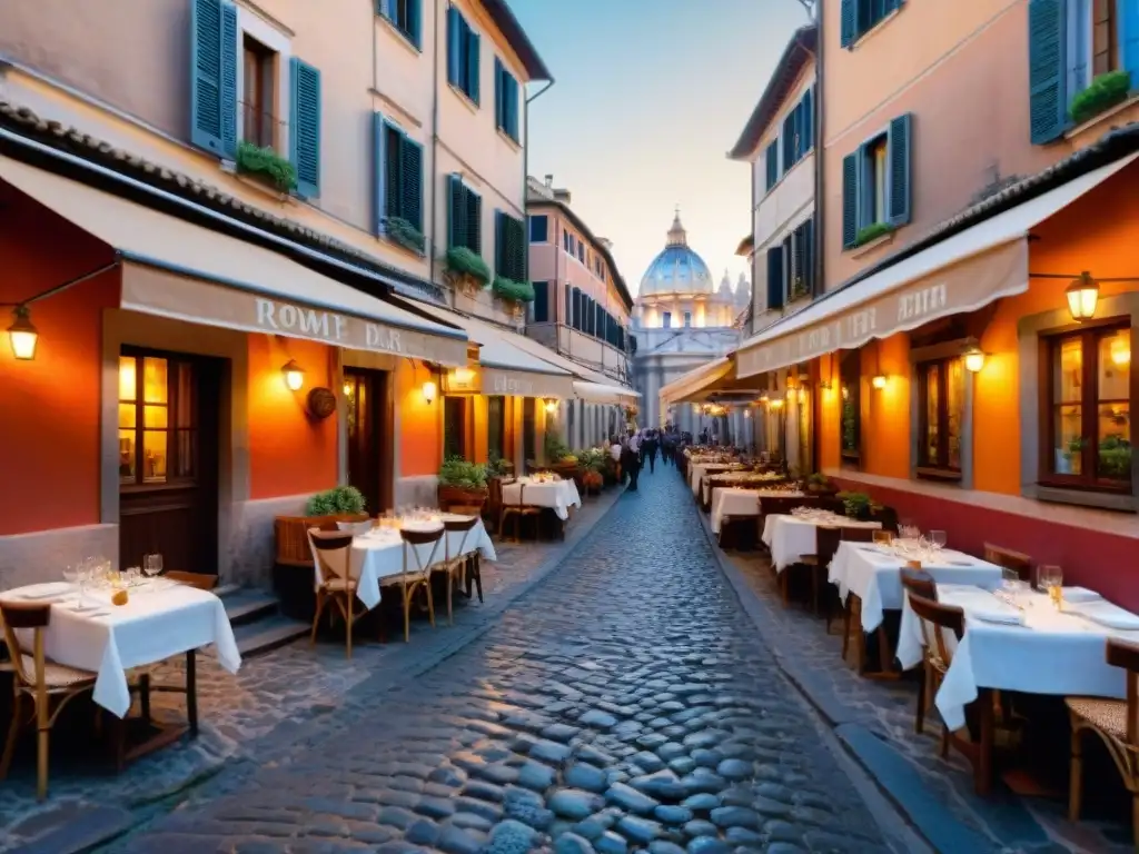 Un callejón empedrado en RomaVIP con trattorias tradicionales, coloridos toldos y luces brillantes