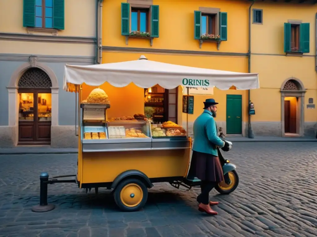 Callejón de Florencia al atardecer con carrito de gelato y gente disfrutando, reflejando el Origen del Gelato en Italia