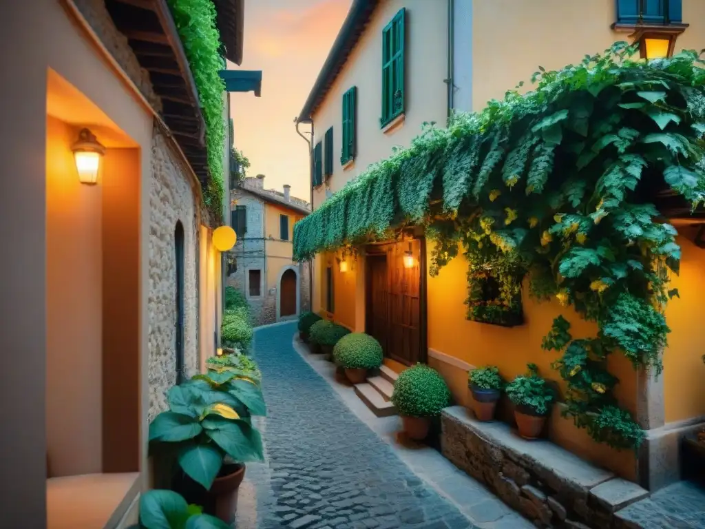 Un callejón misterioso en Italia con paredes de piedra cubiertas de hiedra y un letrero de madera sobre la entrada a un restaurante italiano exclusivo