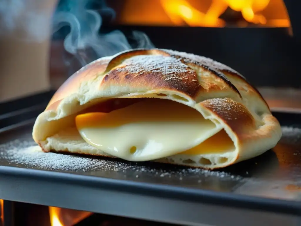 Un calzone recién horneado en horno de leña, con queso burbujeante y masa dorada