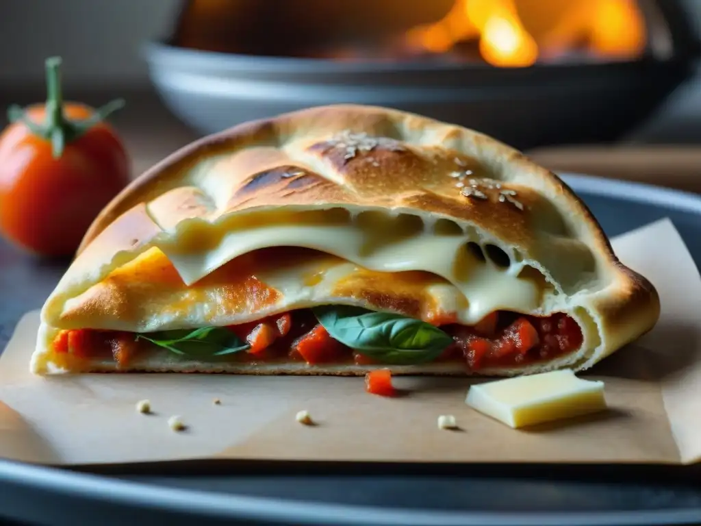 Un calzone recién horneado con queso fundido, tomate, albahaca y pepperoni