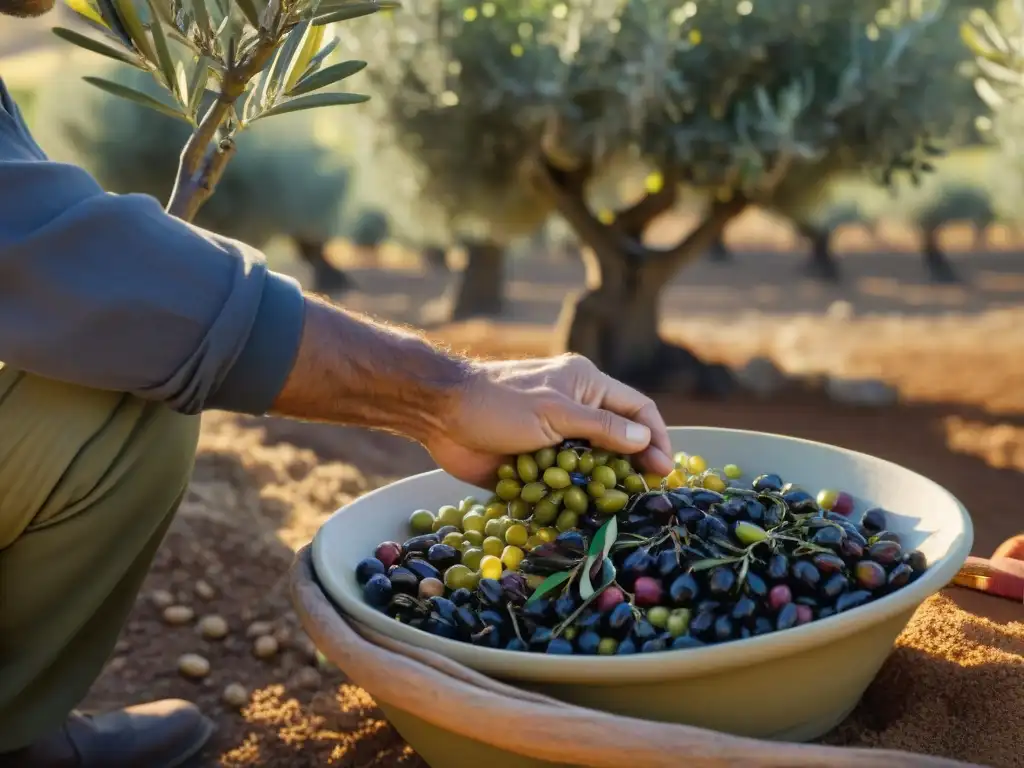 Campesino italiano cosechando aceitunas de un olivo centenario en Toscana al atardecer