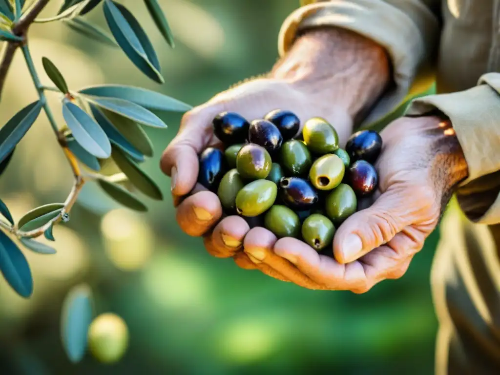 Un campesino italiano sostiene con cariño un racimo de aceitunas maduras, mostrando la conexión con la tierra